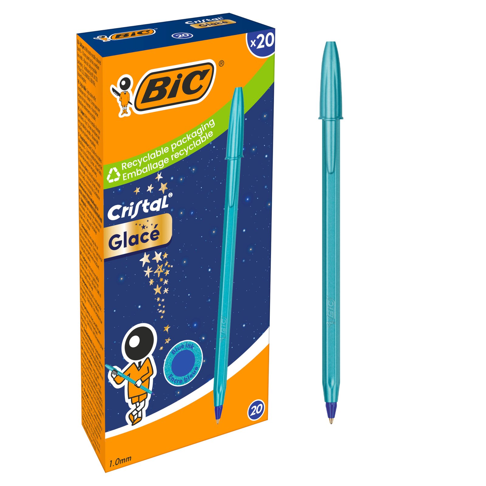 BIC Cristal Glacé Bolígrafos Punta Media (1,0 mm) Tinta Azul Recargable - Cuerpo Azul, Caja de 20