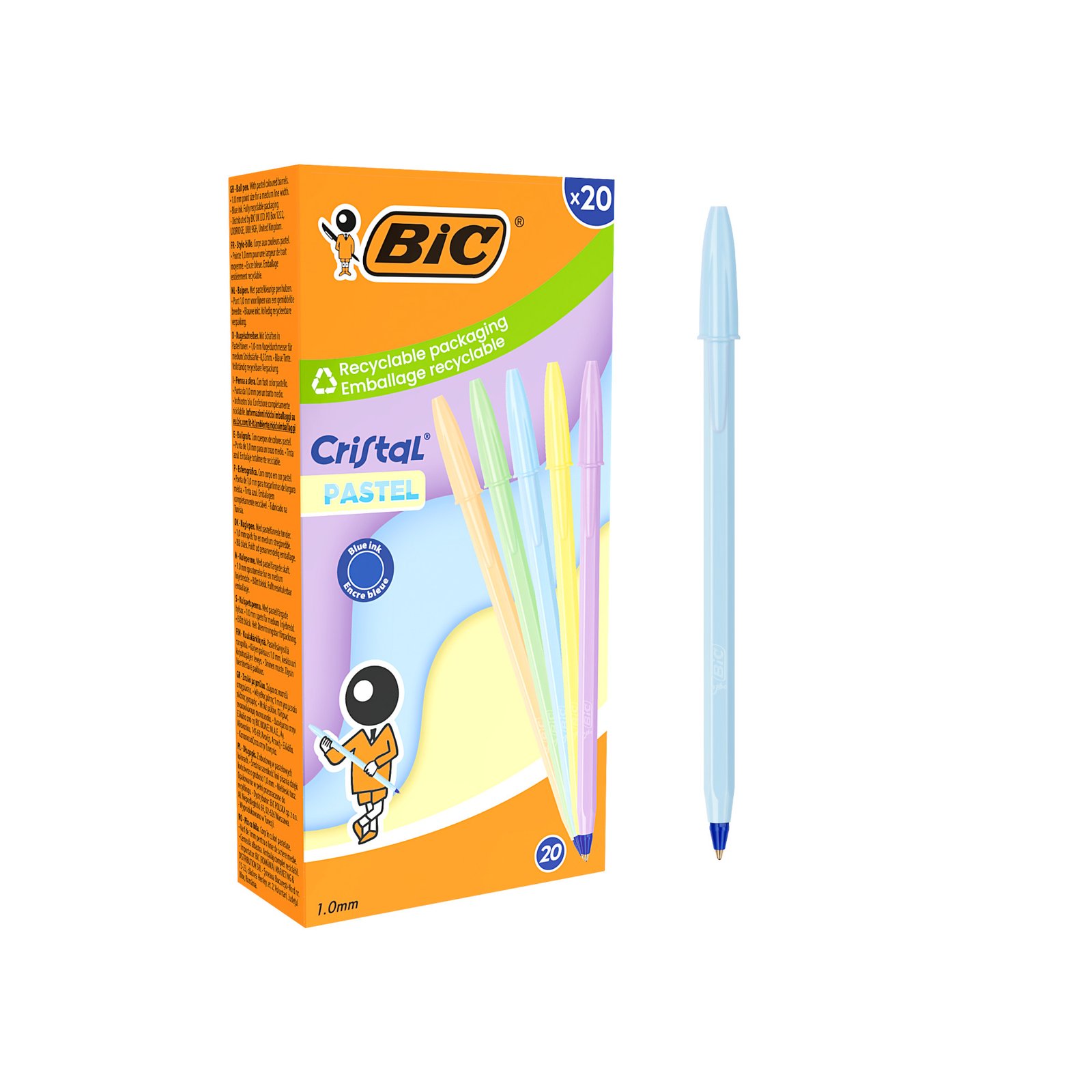 BIC Cristal Pastel Bolígrafos Punta Media (1,0 mm) Tinta Azul - Cuerpos Pastel Surtidos, Caja de 20