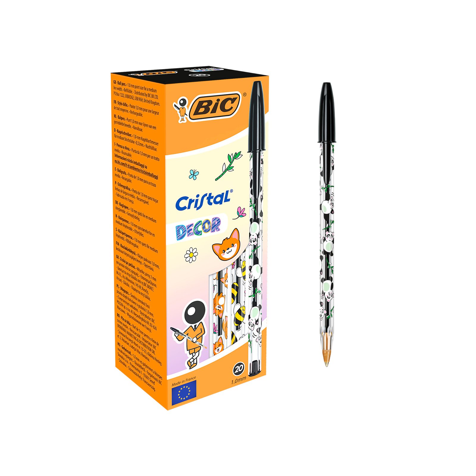 BIC Cristal Decors Kawaii Bolígrafos Punta Media (1,0 mm) Tinta Negra - 3 Diseños Kawaii Surtidos, Caja de 20
