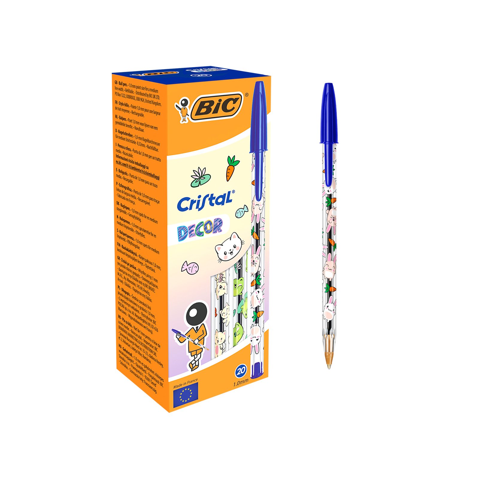 BIC Cristal Decors Kawaii Bolígrafos Punta Media (1,0 mm) Tinta Azul - 3 Diseños Kawaii Surtidos, Caja de 20