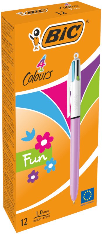 BIC 4 Colores Fun Bolígrafos Retráctiles con Tinta Rosa, Morada, Turquesa y Verde Lima - Cuerpo Lila, Caja de 12