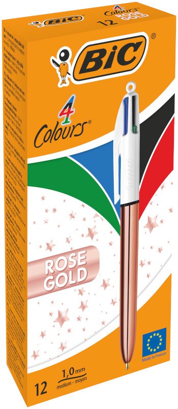 Bolígrafo BIC 4 Colores Rose Gold de Punta Media (1,0 mm) con Tinta Negra, Azul, Roja y Verde Todo en Uno - Caja de 12