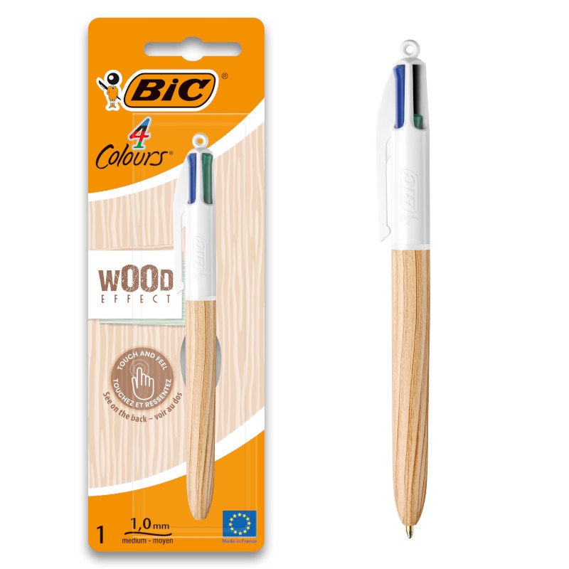 BIC 4 Colours Wood Style Bolígrafo Retráctil de Punta Media (1,0 mm) con Cuerpo efecto Madera - Pack de 1
