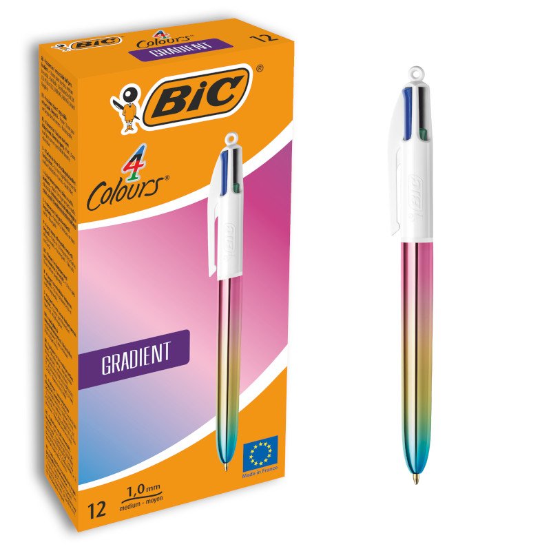 BIC 4 Colores Gradient Bolígrafo Retráctil de Punta Media (1,0 mm) - Diseños con Degradado Tricolor, Caja de 12