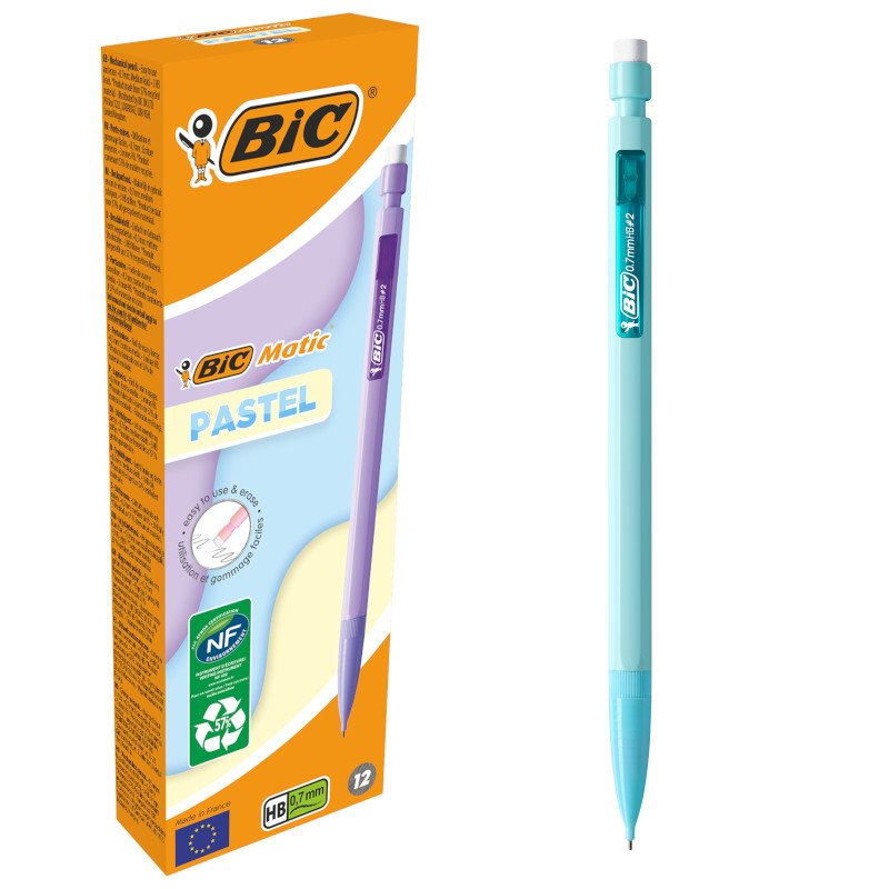 BIC Matic Pastel Portaminas (0,7 mm) con Minas de Recambio de 9 cm - Cuerpo de Colores Pastel Surtido, Caja de 12
