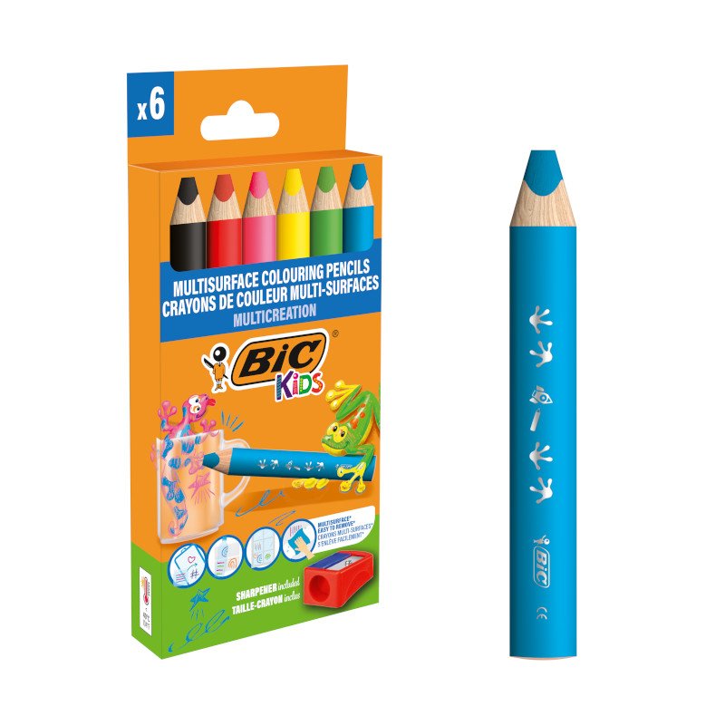 BIC Kids Lápices de Colores Multisuperficie con Cuerpo Triangular y Minas Borrables en Superficies No Porosas - Colores Surtidos, Pack de 6+1 Sacapuntas