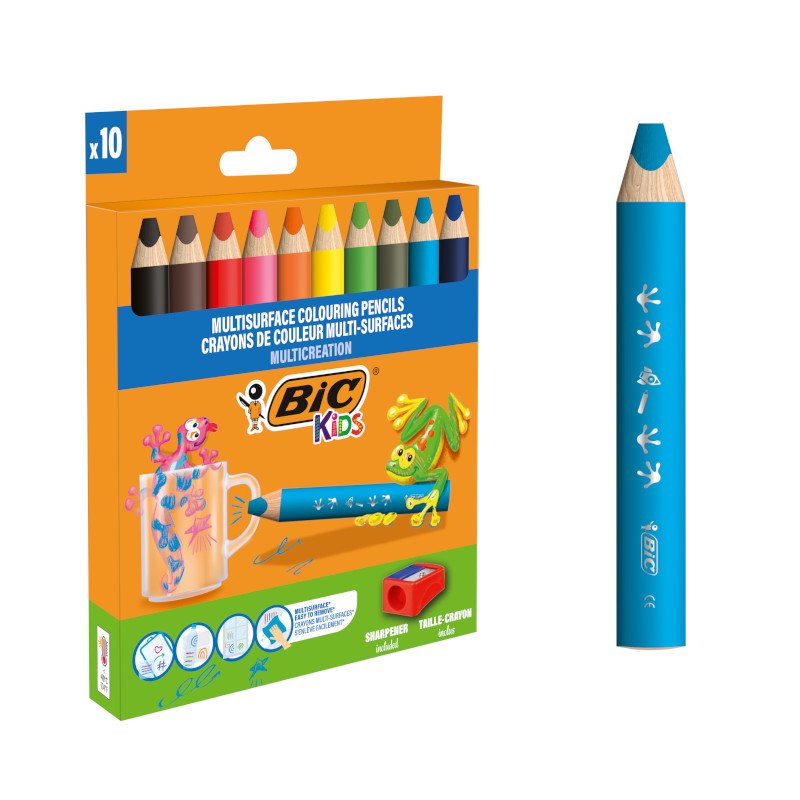 BIC Kids Lápices de Colores Multisuperficie con Cuerpo Triangular y Minas Borrables en Superficies No Porosas - Colores Surtidos, Pack de 10+1 Sacapuntas