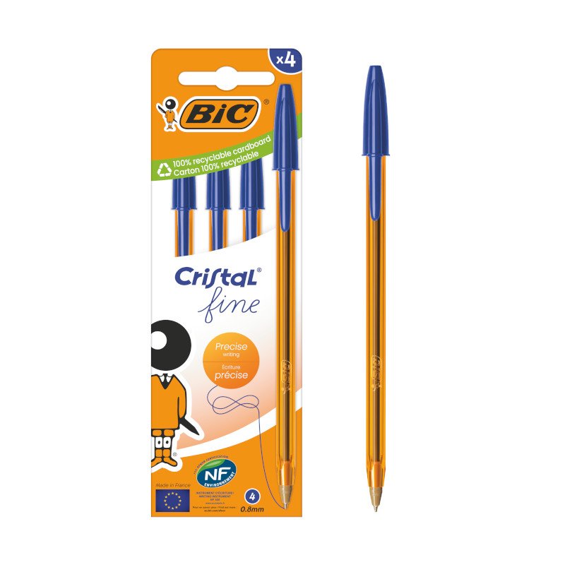 BIC Cristal Original Fine Bolígrafos de Punta Fina (0,8 mm) con Cuerpo Naranja Translúcido - Azul, Caja de 4