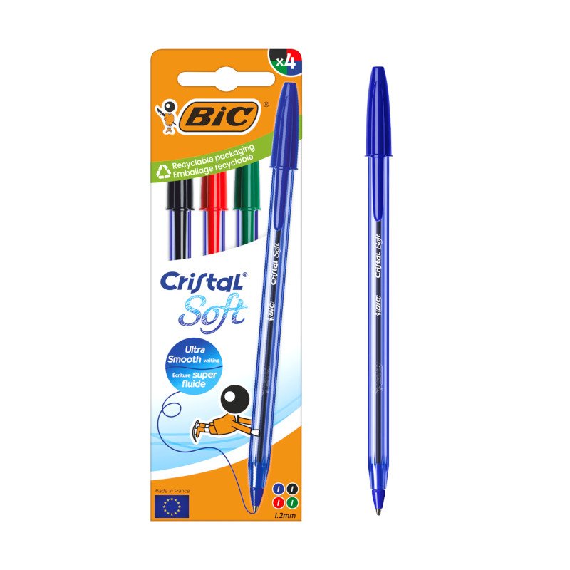 BIC Cristal Soft Bolígrafos de Punta Media (1,2 mm) con Tinta Softline - Colores Surtidos, Caja de 4