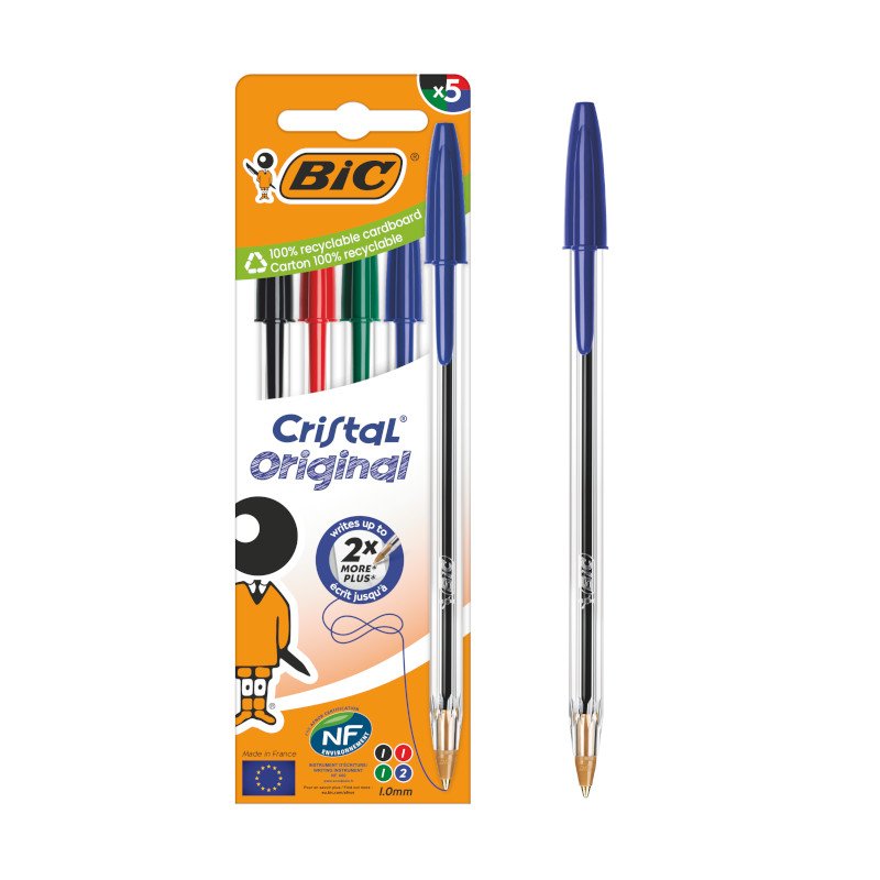BIC Cristal Original Bolígrafos de Punta Media (1,00 mm) con Tapón y Capuchón a Juego - Colores Surtidos, Caja de 5