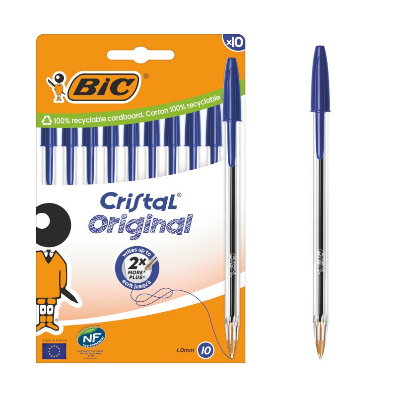 BIC Cristal Original Bolígrafos de Punta Media (1,00 mm) con Tapón y Capuchón a Juego - Azul, Caja de 10