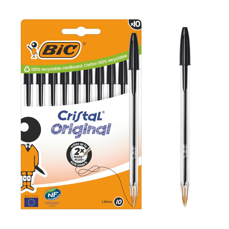 BIC Cristal Original Bolígrafos de Punta Media (1,00 mm) con Tapón y Capuchón a Juego - Negro, Caja de 10