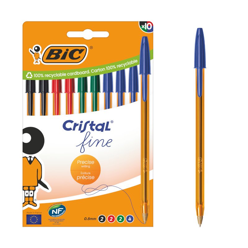BIC Cristal Original Fine Bolígrafos de Punta Fina (0,8 mm) con Cuerpo Naranja Translúcido - Colores Surtidos, Caja de 10