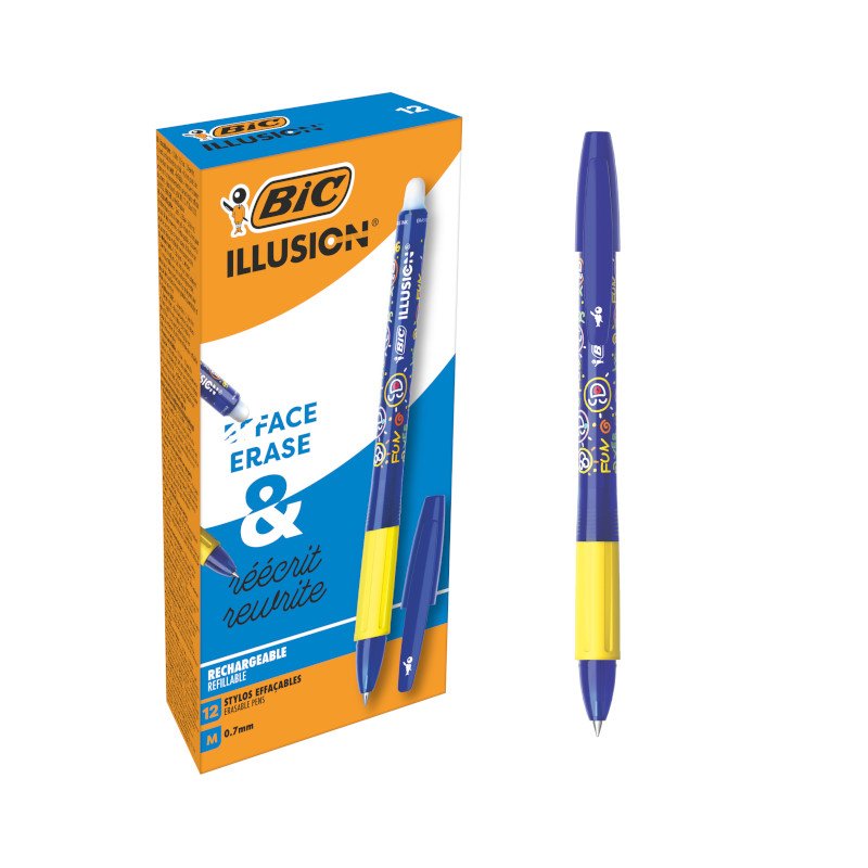 BIC Illusion Bolígrafos Borrables y Recargables de Punta Media (0,7 mm) - Tinta Azul, Caja de 12