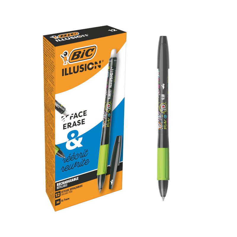 BIC Illusion Bolígrafos Borrables y Recargables de Punta Media (0,7 mm) - Tinta Negra, Caja de 12