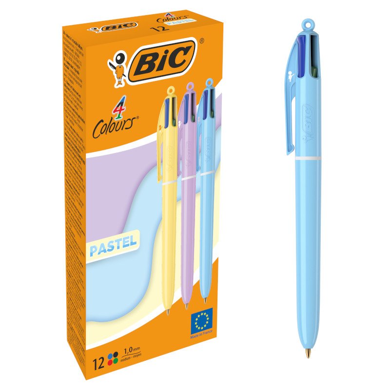 BIC 4 Colores Pastel Bolígrafos de Punta Media (1,00 mm) - Varios Colores, Caja con 12 Uds