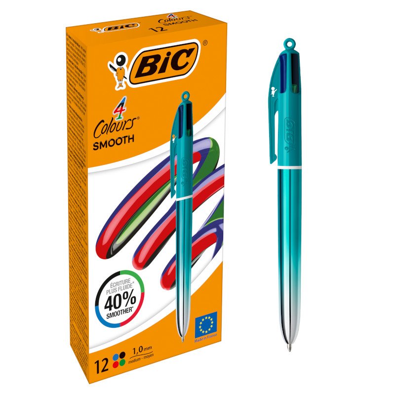BIC 4 Colores Smooth Bolígrafo Retráctil de Punta Media (1,00 mm) con Cuerpos Degradados Verde - Colores Surtidos, Caja de 12