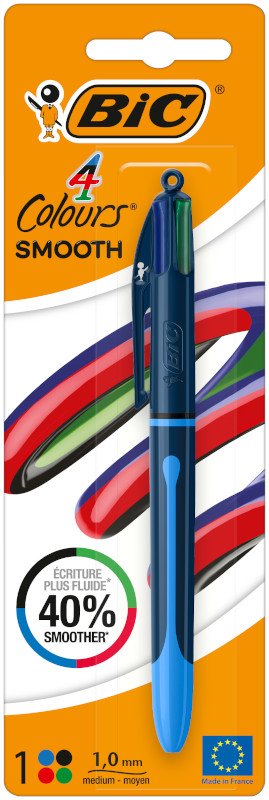 BIC 4 Colores Smooth Bolígrafo Retráctil de Punta Media (1,00 mm) con Tinta Ultrasuave - Pack de 1