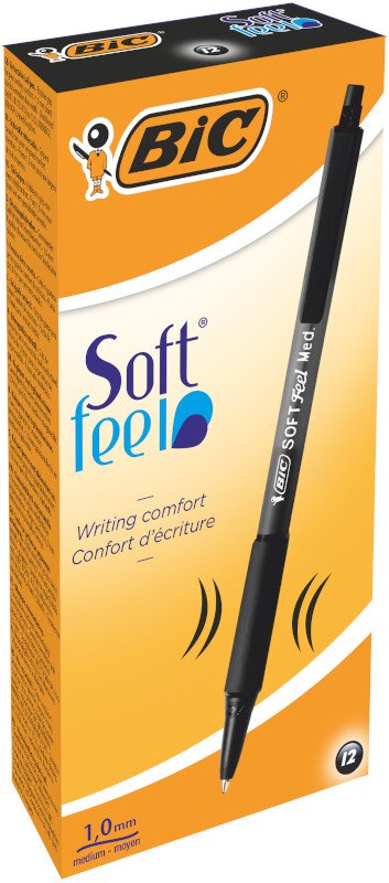 BIC Soft Feel Bolígrafos Retráctiles de Punta Media (1,0 mm) - Negro, Caja de 12