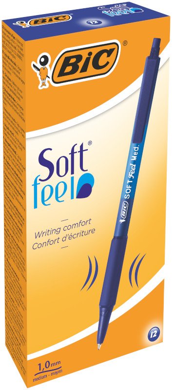 BIC Soft Feel Bolígrafos Retráctiles Grip Punta Media (1,0 mm) - Azul, Caja de 12 Unidades