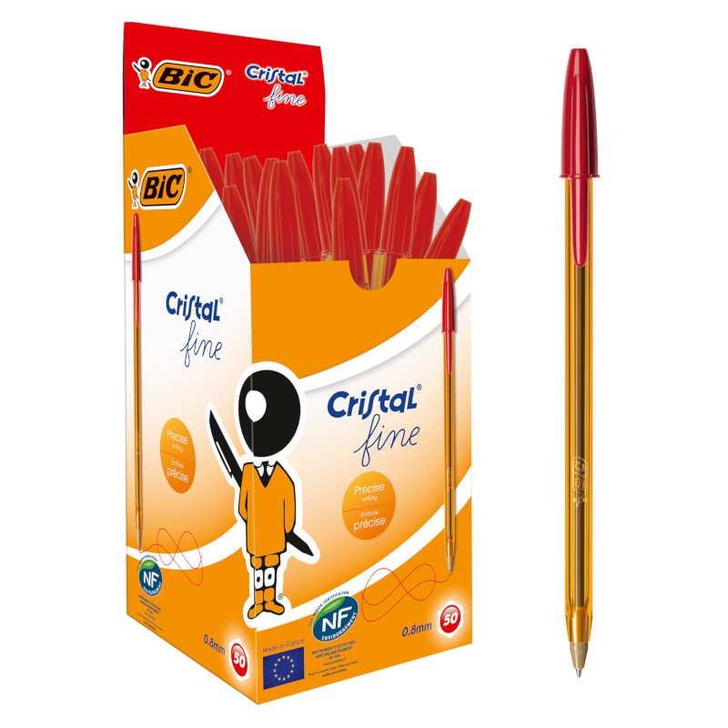 BIC Cristal Original Fine Bolígrafos Punta Fina (0,8 mm) - Rojo, Caja de 50 Unidades