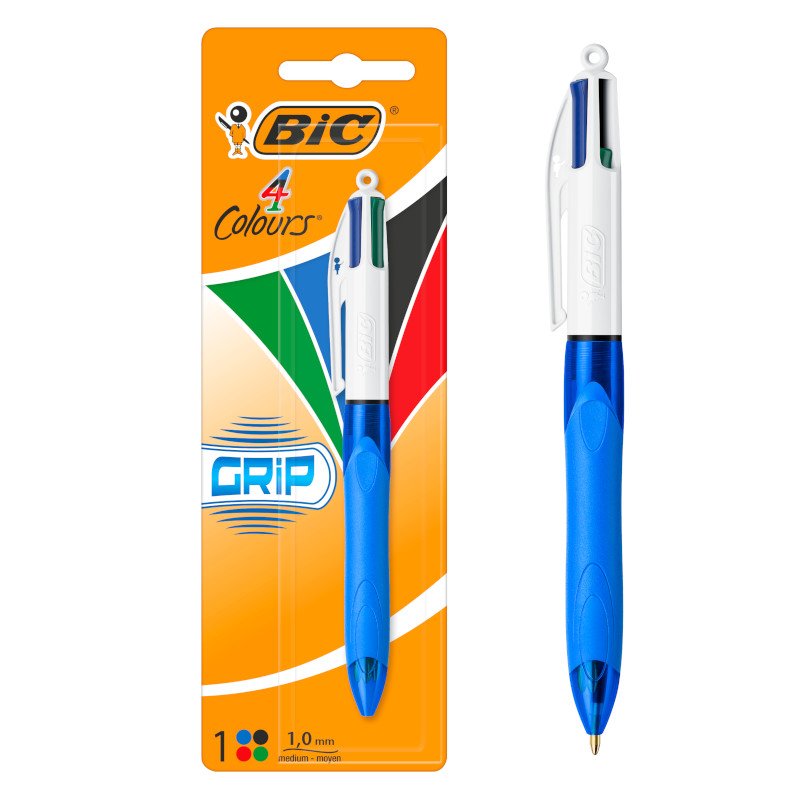 BIC 4 Colores Grip Bolígrafo Retráctil Punta Media (1,0 mm) – Blíster de 1 Unidad