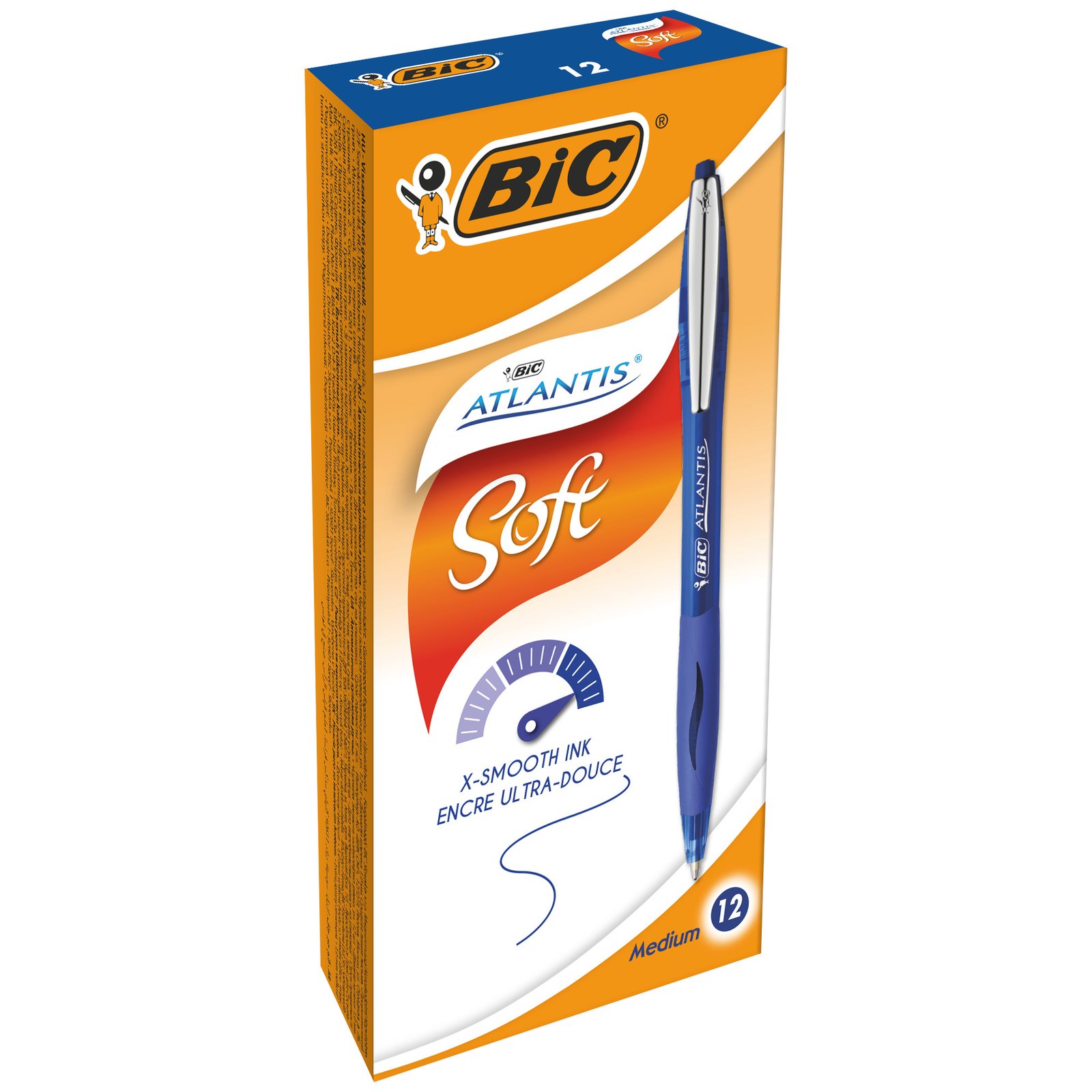 BIC Atlantis Soft Bolígrafo Retráctil Punta Media (1,0 mm) – Azul, Caja de 12 Unidades  –  Bolígrafos azules para una escritura fluida