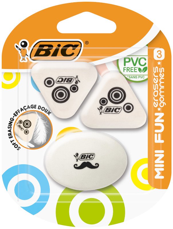 Gomas de borrar BIC Mini Fun White sin PVC para todas las minas de lápiz, formas variadas, pack de 3