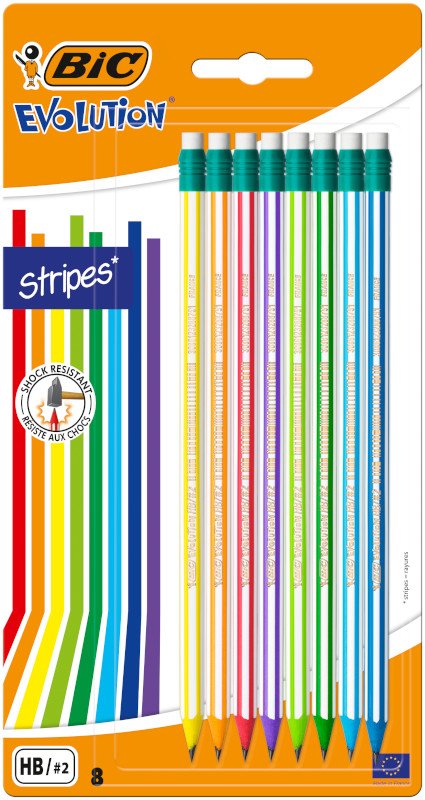 BIC Evolution Stripes Lápices de Grafito HB con Goma – Colores Surtidos, Blíster de 8 Unidades