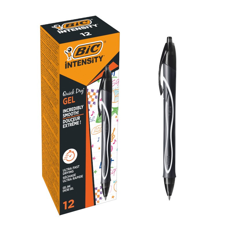 BIC Gel-ocity Quick Dry, Boligrafos Tinta en Gel Punta Media (0.7mm), Tinta de Secado Ultrarrapido, Negro, Caja de 12 Unidades