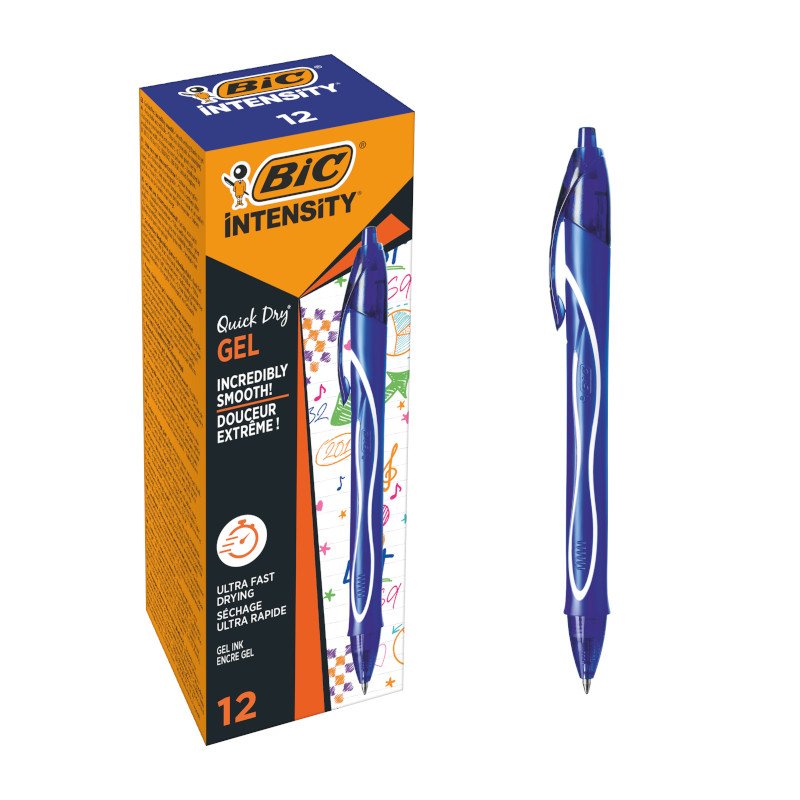 BIC Gel-ocity Quick Dry Boligrafos Retráctil de Gel Punta Media (0,7mm), Ideal para Uso Escolar y de Oficina , Azul, Paquete de 12 Unidades
