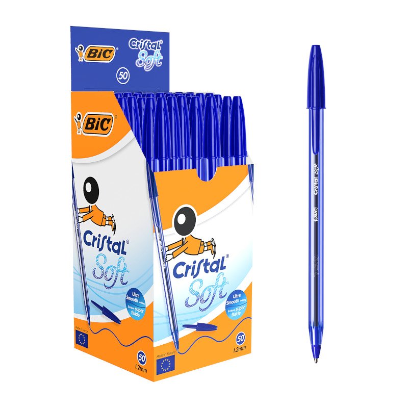BIC Cristal Soft Bolígrafos Punta Media (1,2 mm) - Azul, Caja de 50 Unidades
