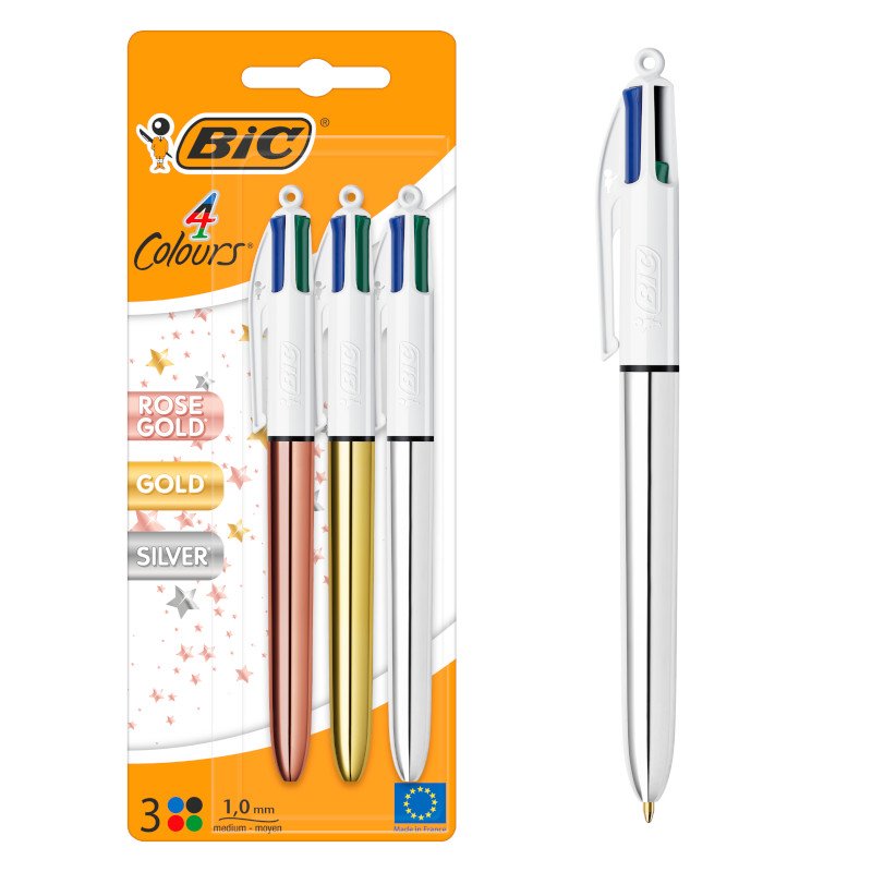 BIC 4 Colores Shine Bolígrafos Retráctiles de Punta Media (1,0 mm) - Varios Colores de Cuerpo Metalizados, Pack de 3