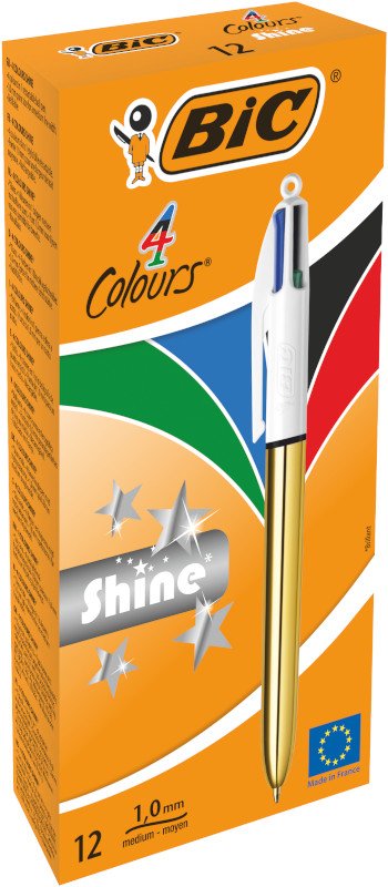Bolígrafo BIC 4 Colores Shine Gold de Punta Media (1,0 mm) con Tinta Negra, Azul, Roja y Verde Todo en Uno - Caja de 12