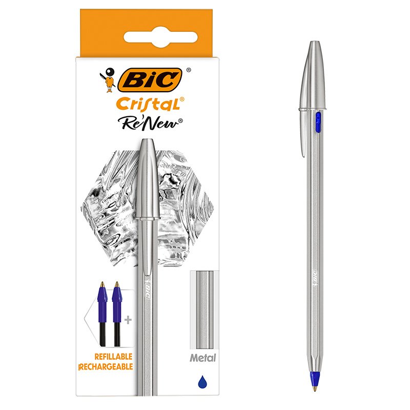 Bolígrafo BIC Cristal Re'New de punta media (1,0 mm) con cuerpo plateado mate y recargas de tinta de recambio - Azul, Caja de 1+2